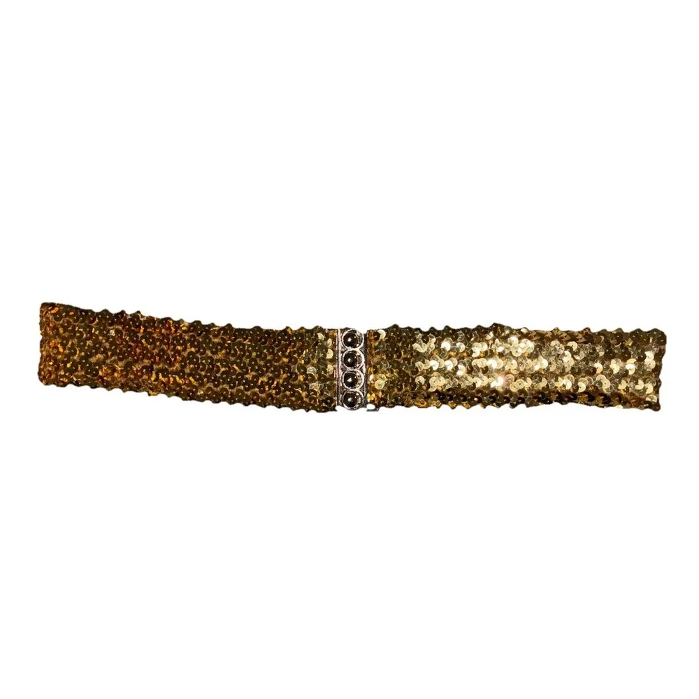 Vintage Belt Women's‎ XXL Gold Sequins Stretch Silver Buckle Boho Disco Glam